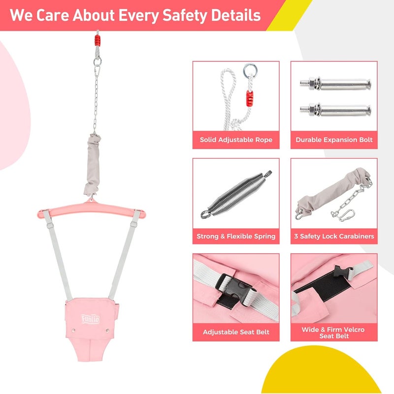 FUNLIO Baby Jumper with a Ceiling Hook for 6-24 Months, Baby Door Jumper for Indoor/Outdoor Play, Infant Jumper Doorway with Adjustable Chain, Easy to Assemble & Store (with a Ceiling Hook) - Pink - Image 3